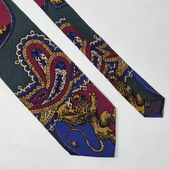 LAIGLON SILK TIE BLUE GREEN RED GOLD PAISLEY LION BOLD HAND MADE 3.5" X 56" - Picture 1 of 2